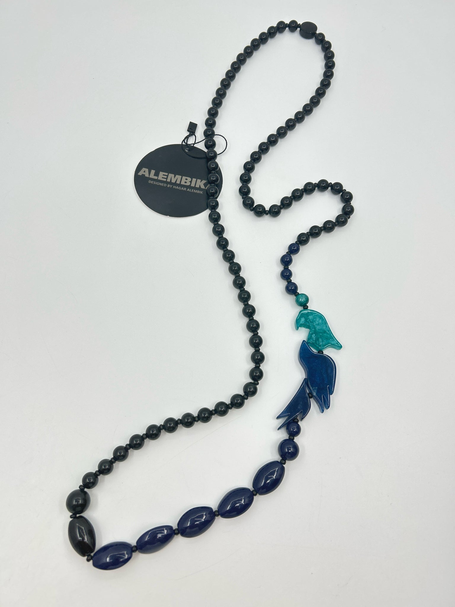 ALEMBIKA Resin Beaded Bird Blue Black Teal Necklace NWT