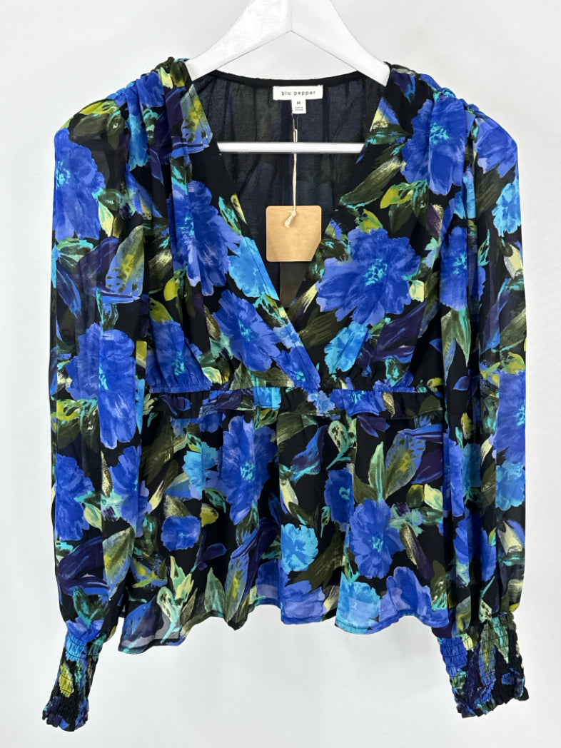 BLU PEPPER Size M Blue Print Women Top