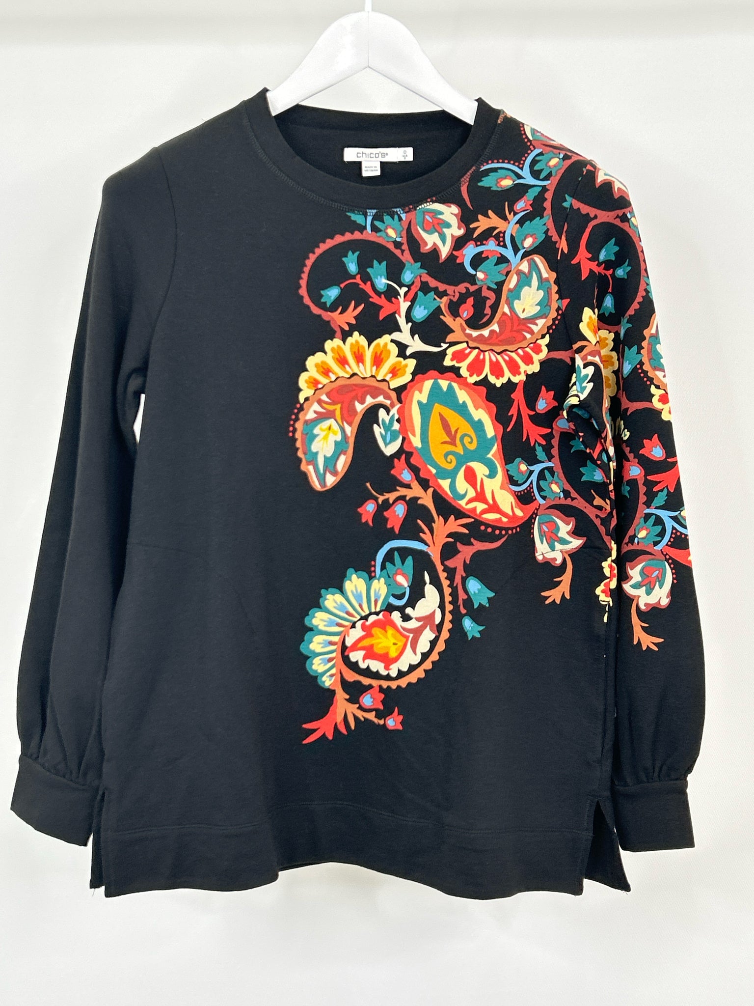 CHICO'S Size S Black Print Women Sweatshirt