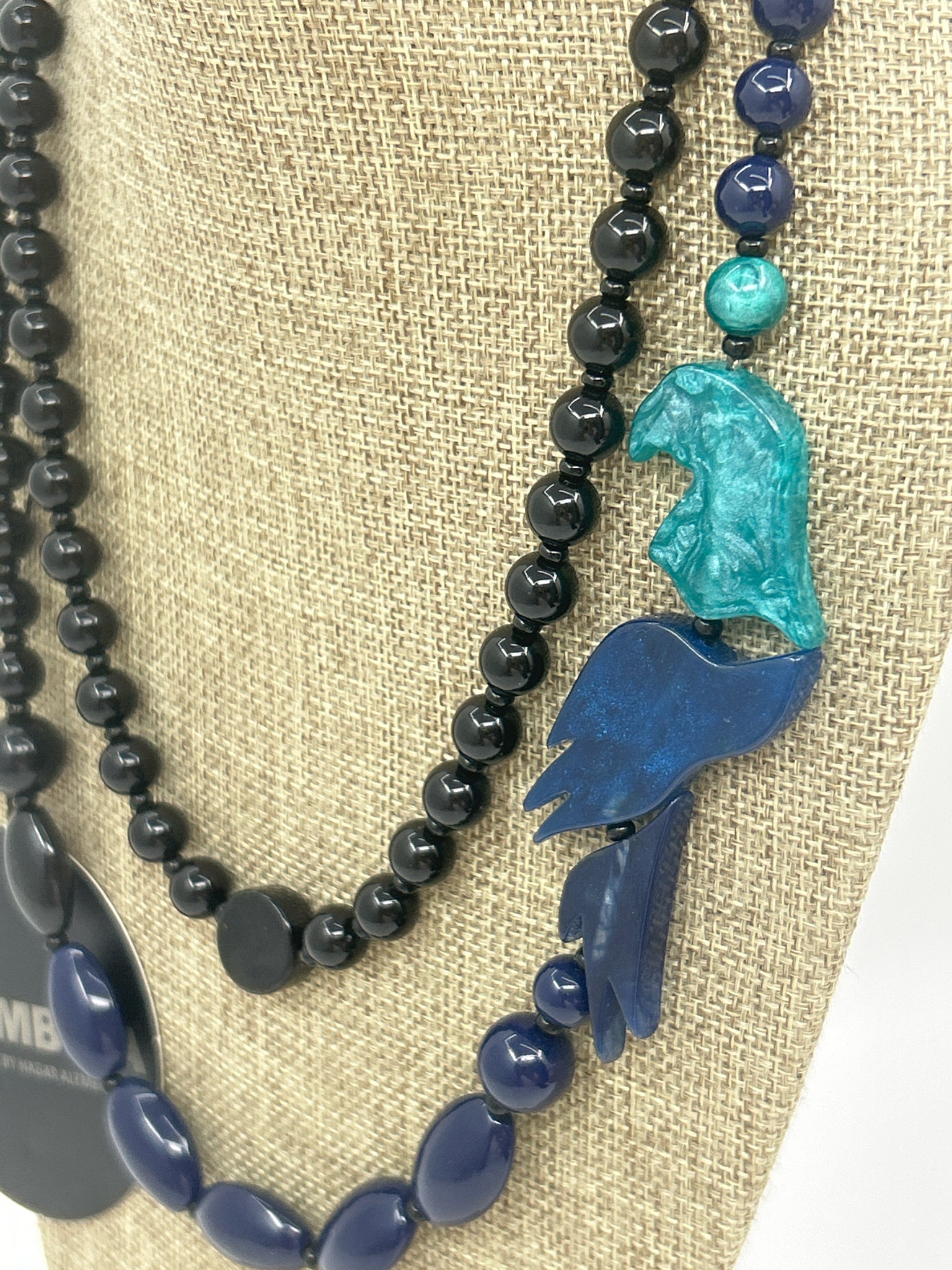 ALEMBIKA Resin Beaded Bird Blue Black Teal Necklace NWT