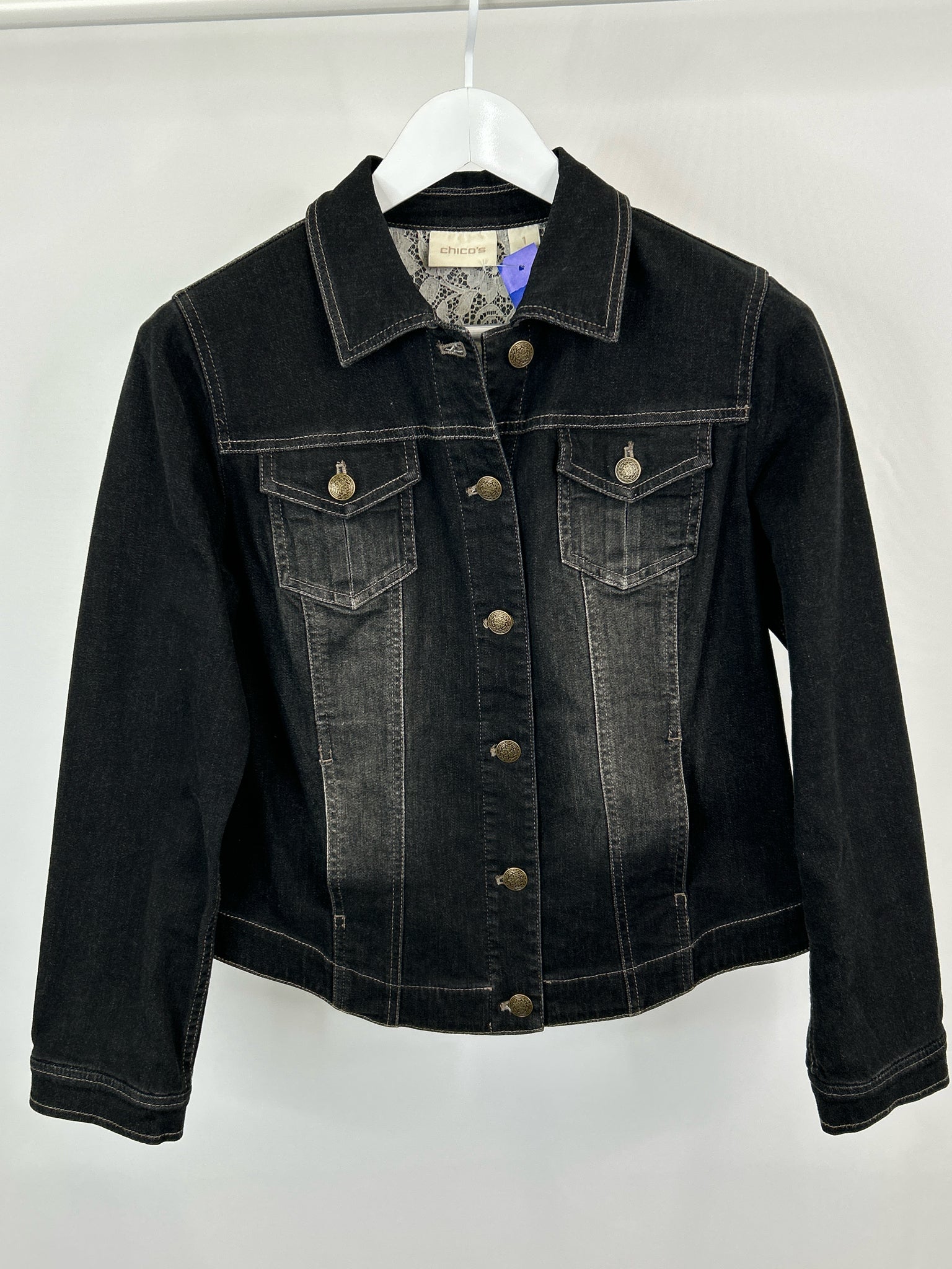 CHICO'S Size 8 BLACK DENIM Women Jacket