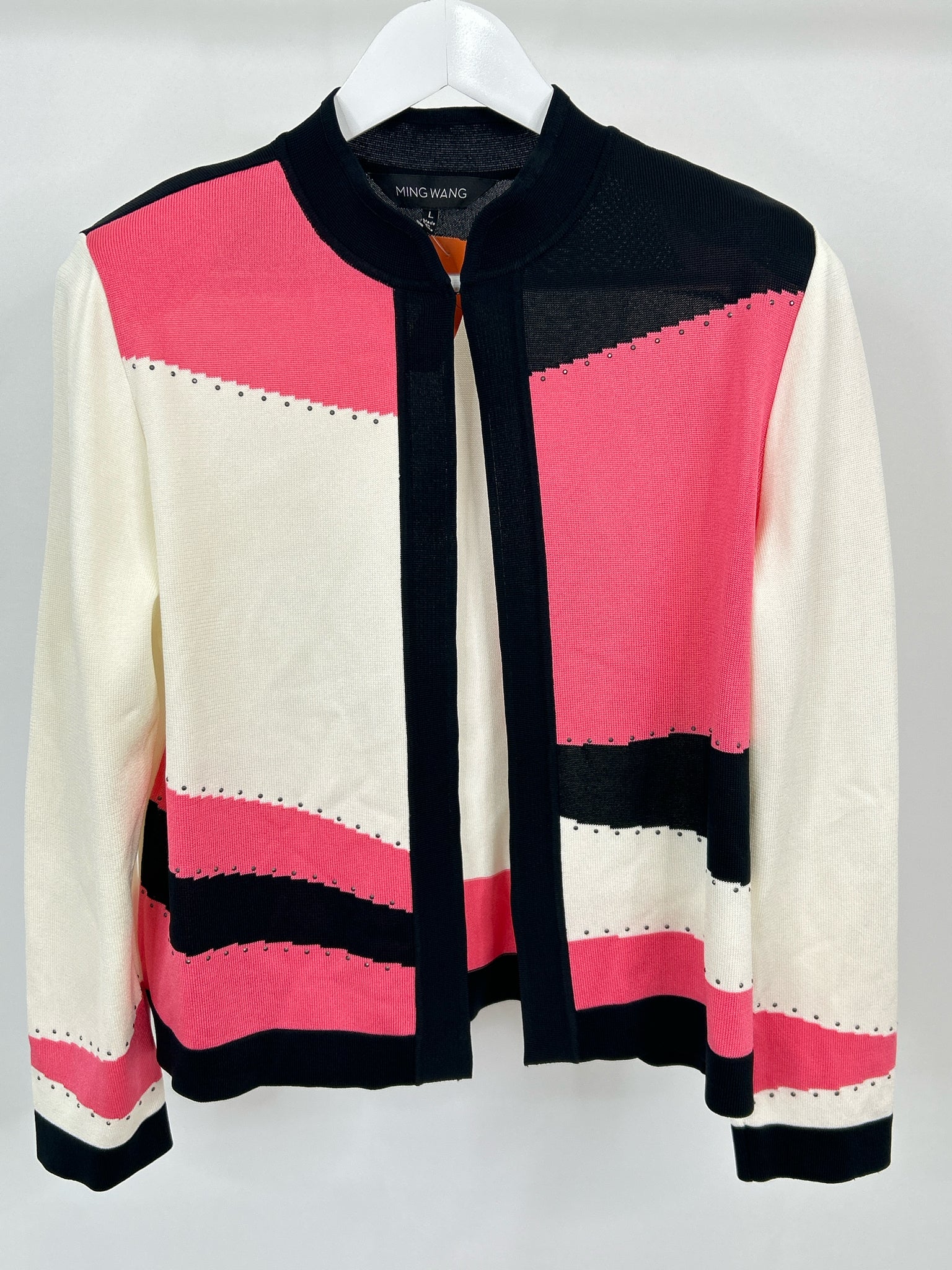 MING WANG Size L White Print Women Cardigan