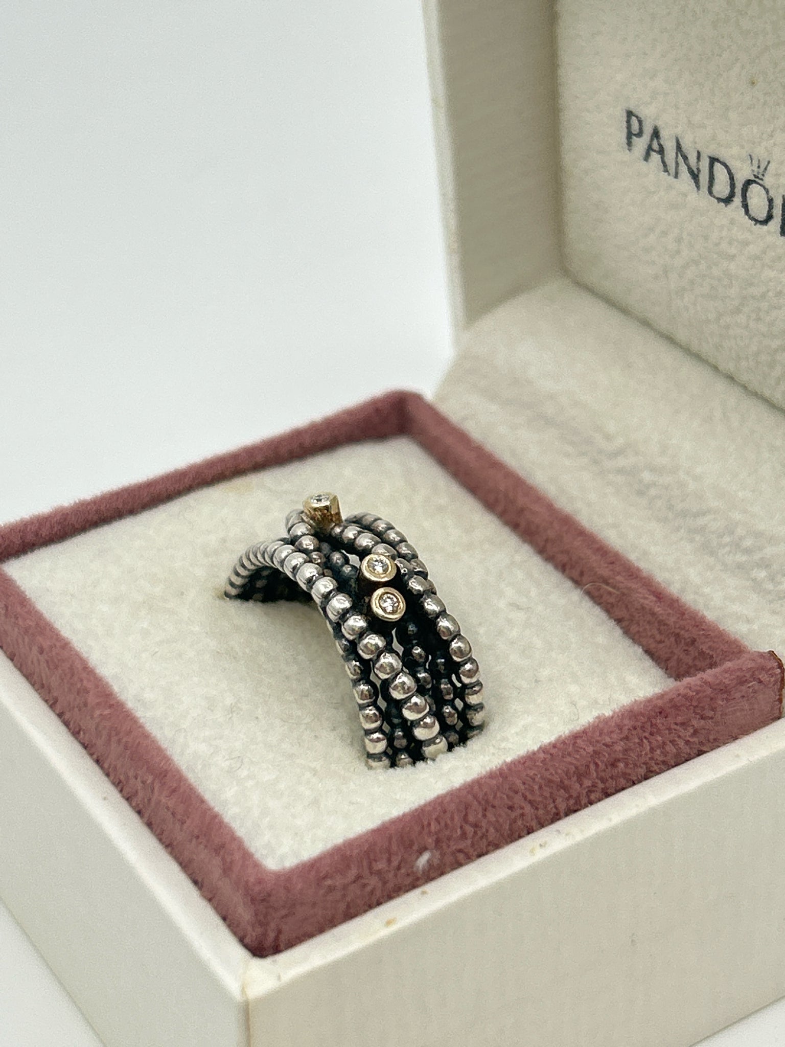 PANDORA Kerry's Ring Sz 8.5 Sterling Silver 14K Gold Diamond Gift Box