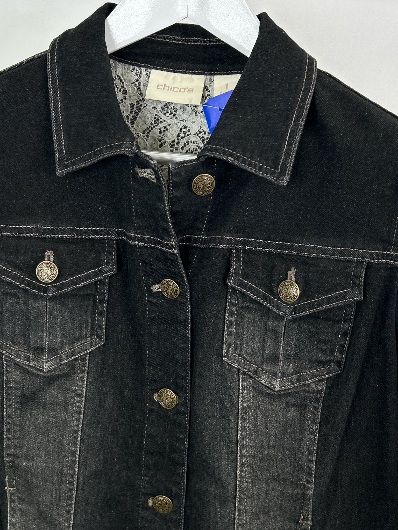 CHICO'S Size 8 BLACK DENIM Women Jacket