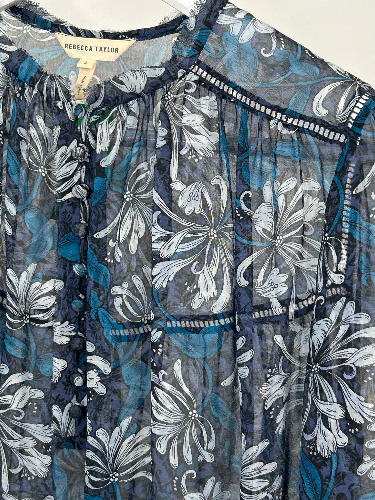 REBECCA TAYLOR Size 2 Blue Print Women's Top