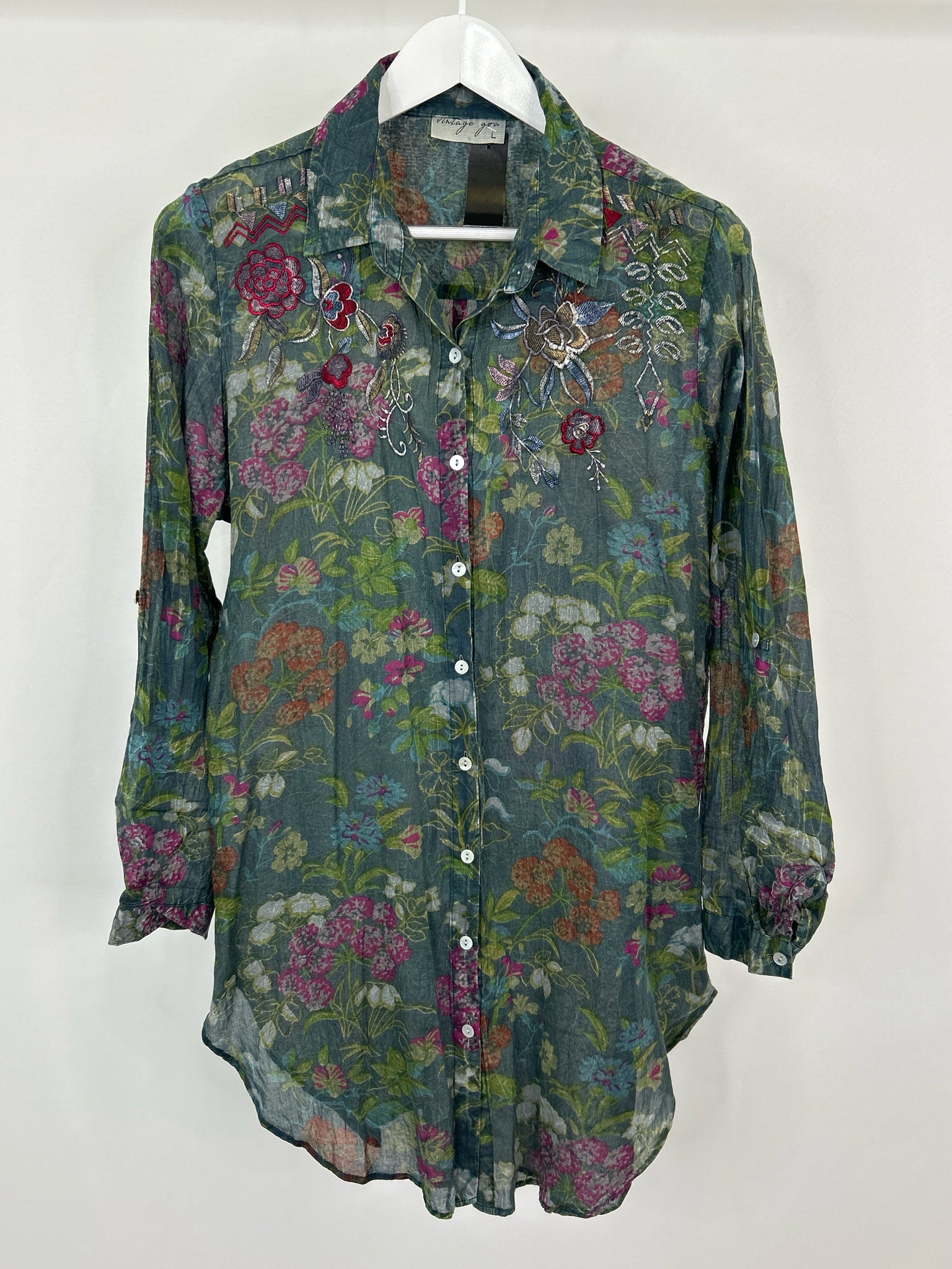Vintage Goa Size L Green Floral Women Tunic