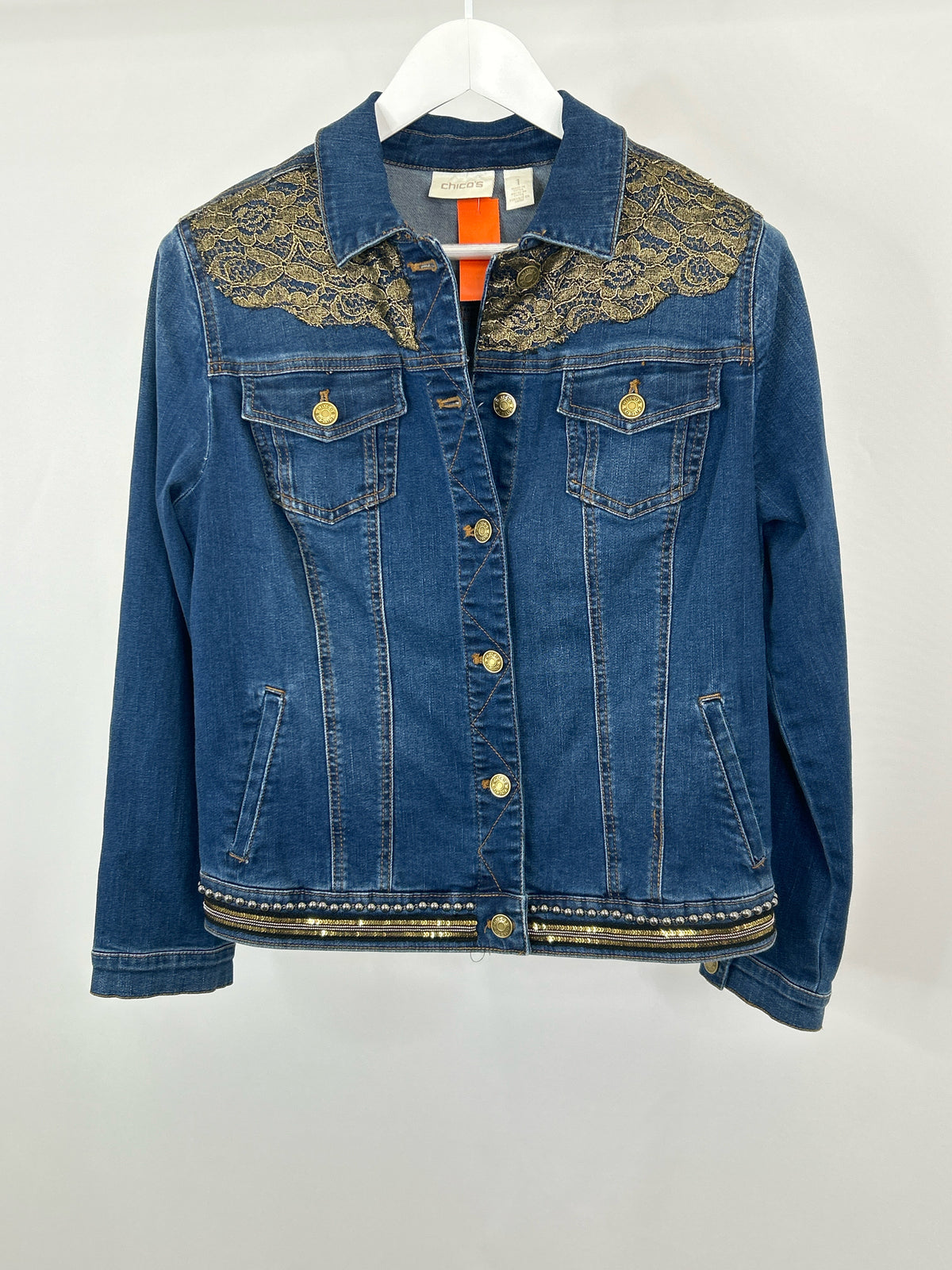 CHICO'S Size 6 BLUE DENIM Women Jacket