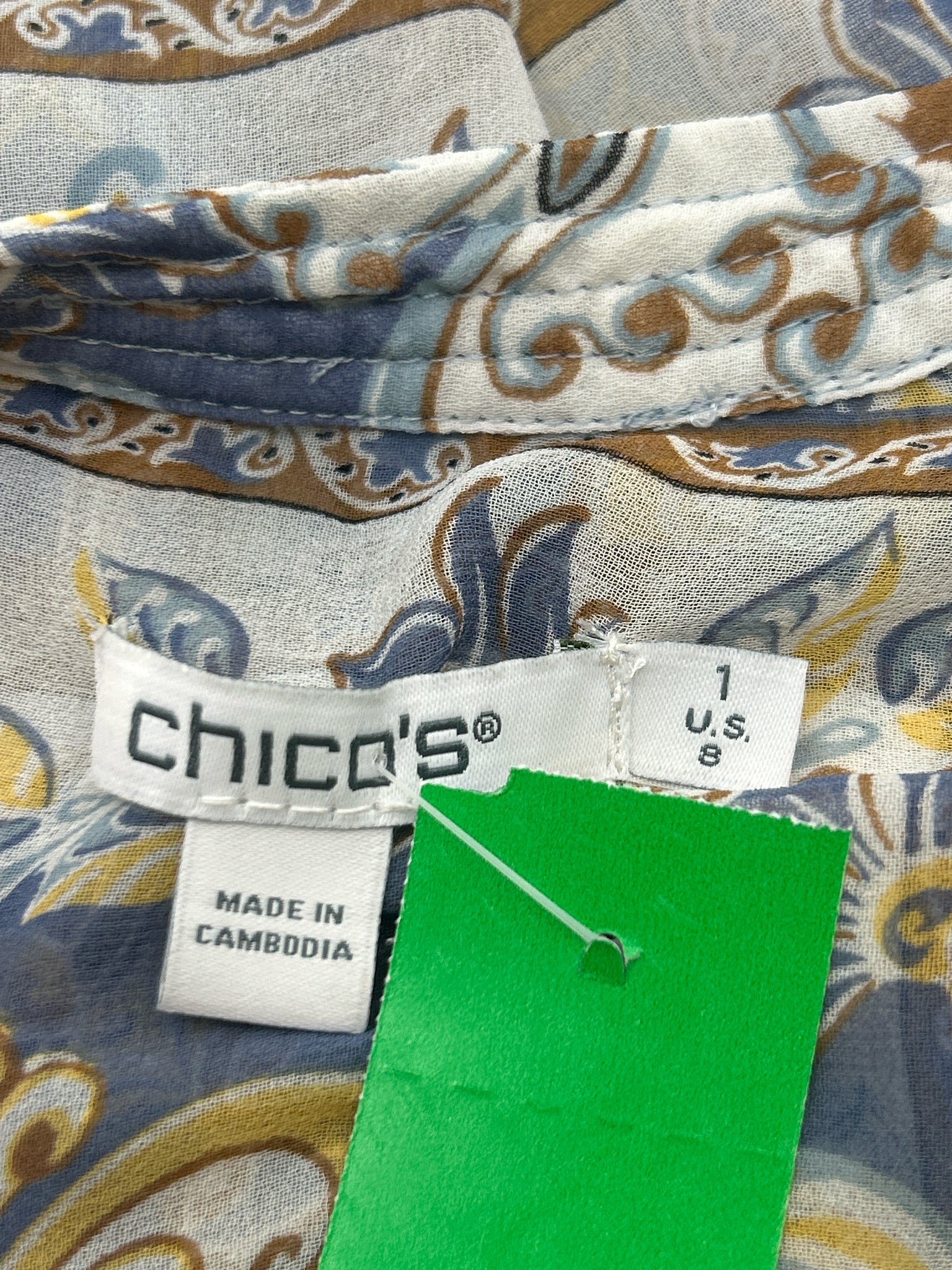 CHICO'S Size 8 BLUE AND YELLOW Women Blouse