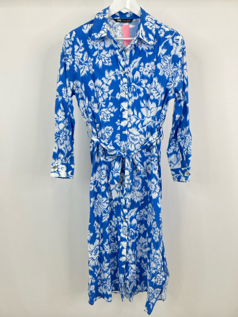 ZARA Size L BLUE & WHITE Women's Dress