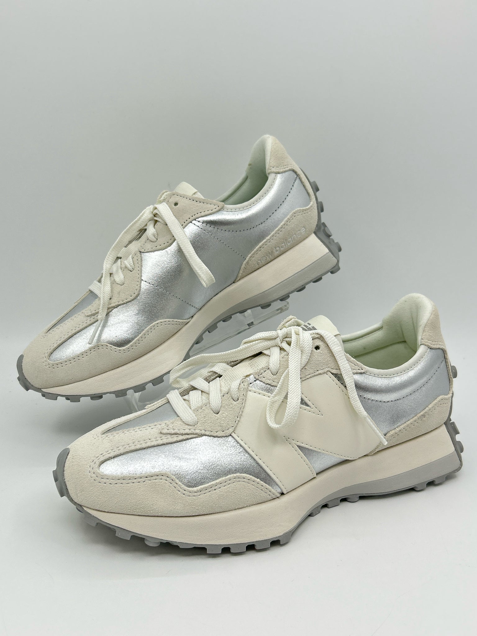 NEW BALANCE Size 10.5 WHITE AND SILVER Women Sneakers