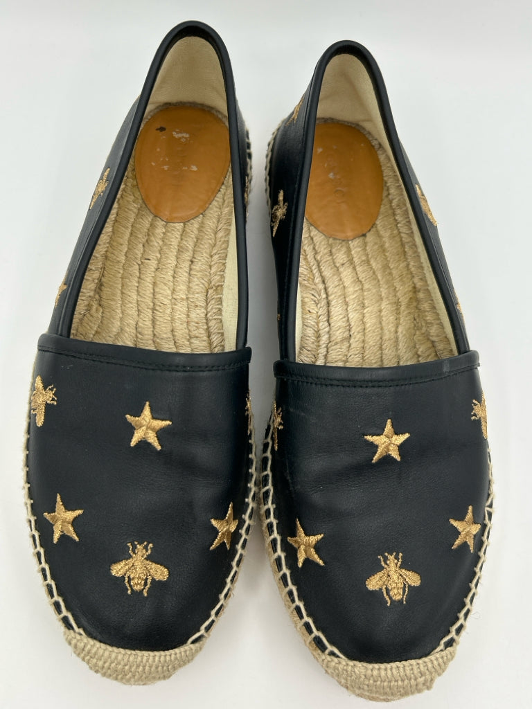 GUCCI Size 40.5 BLACK AND GOLD Women's Flats