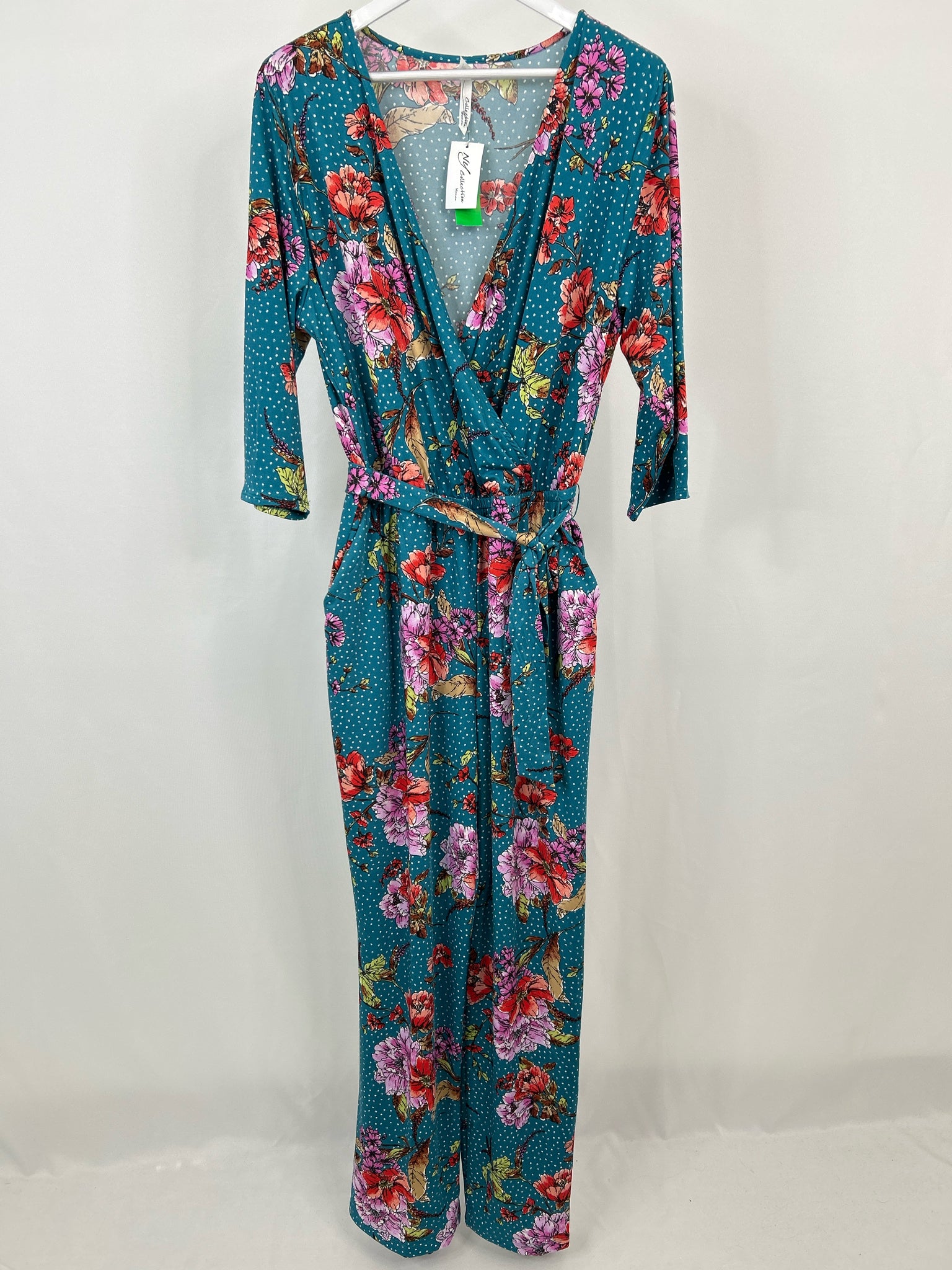 NY COLLECTION Size 1X Teal Print Women Jumpsuit NWT