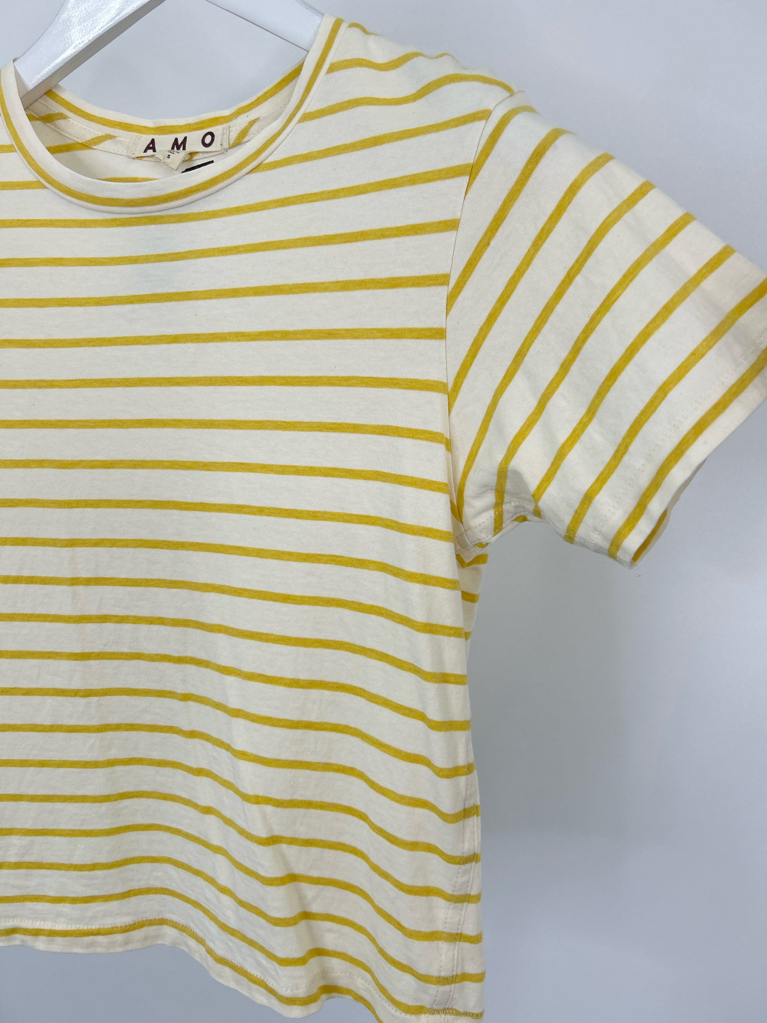 A M O Size S Yellow Striped Women T-shirt