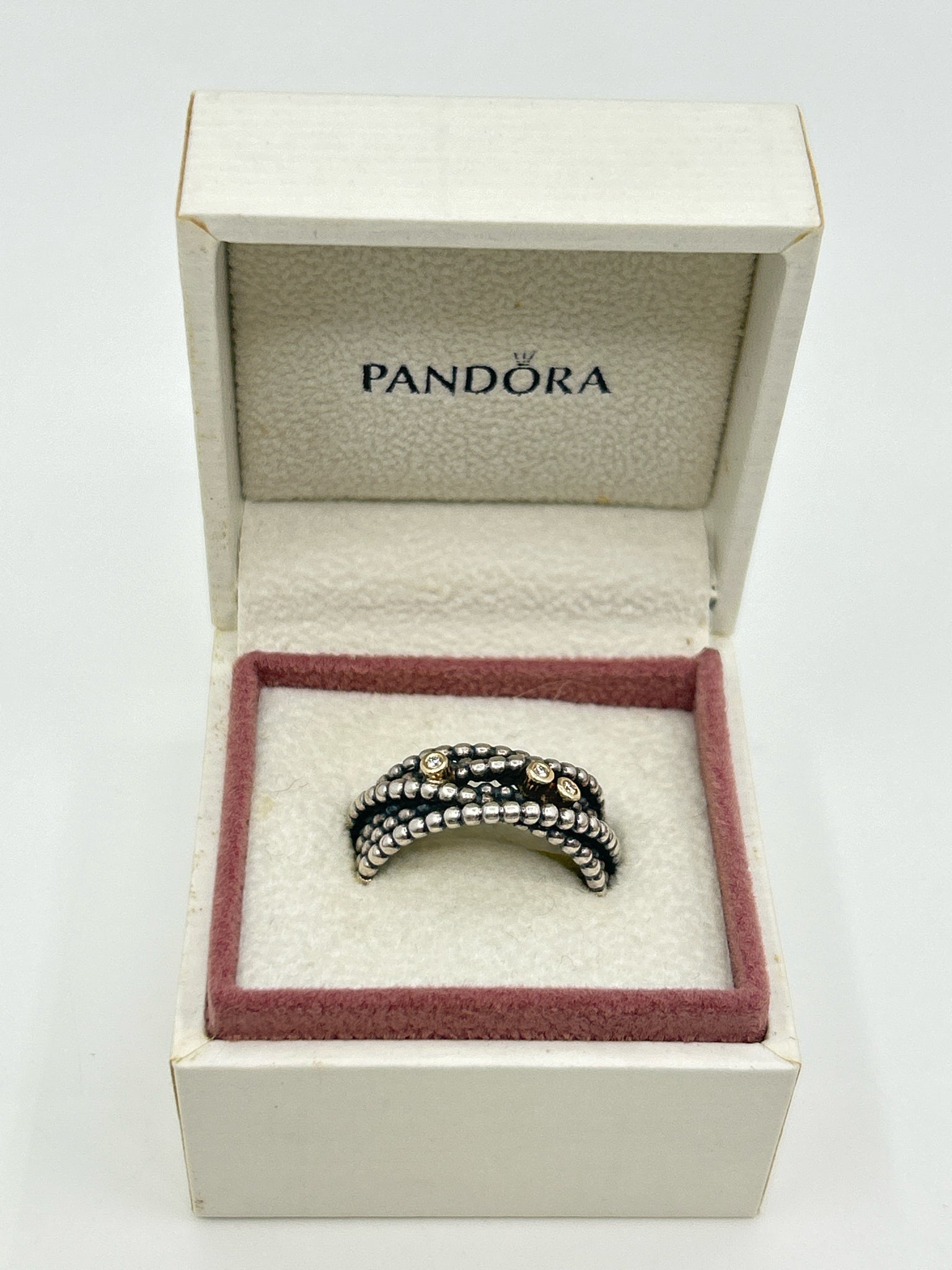 PANDORA Kerry's Ring Sz 8.5 Sterling Silver 14K Gold Diamond Gift Box