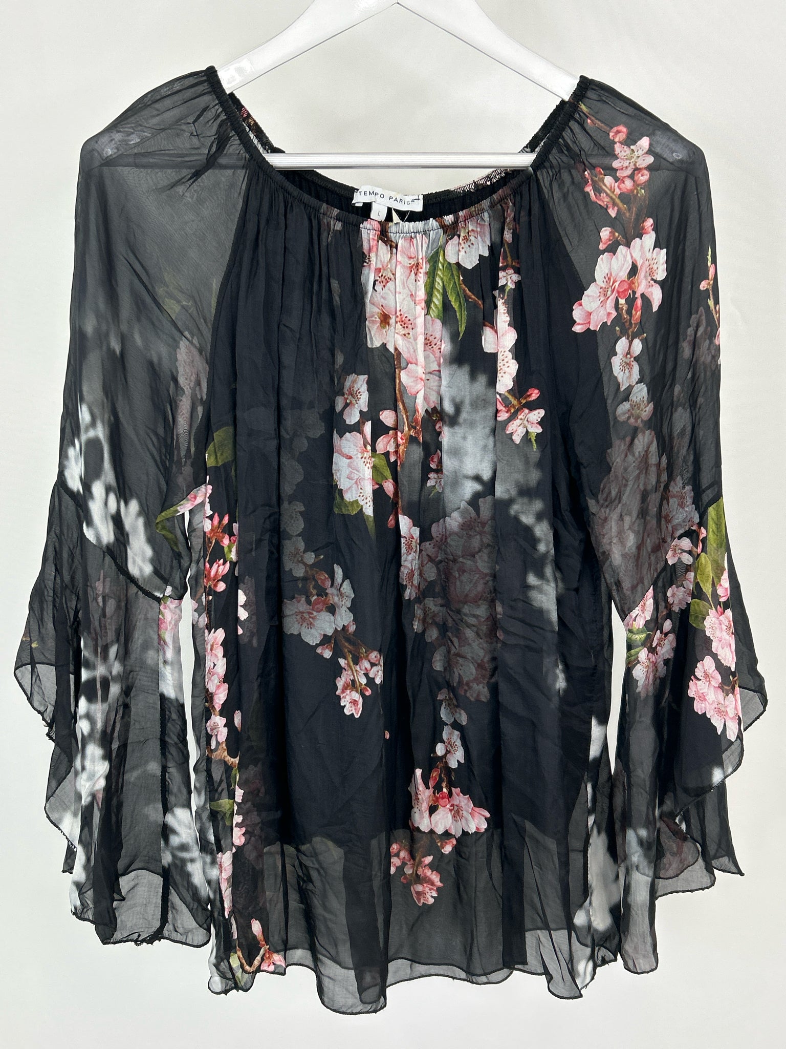 TEMPO PARIS Size L Black Floral Women Top NWT