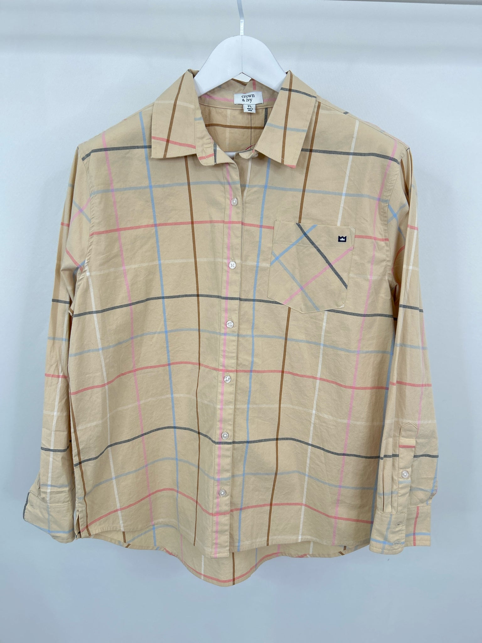 CROWN & IVY Size PL Tan Plaid Women Shirt NWT