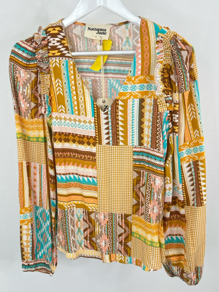 SAVANNA JANE Size L Brown Print Top NWT