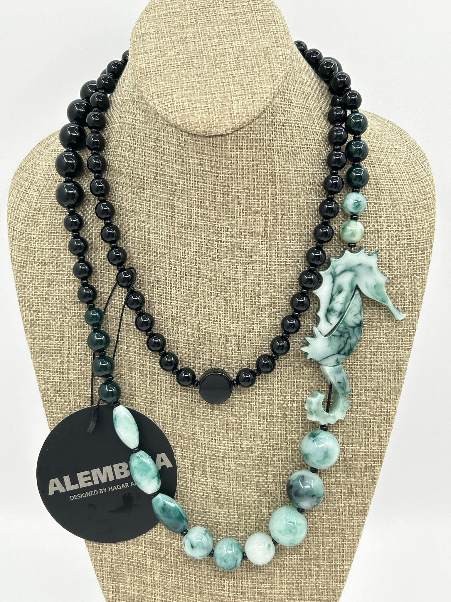 ALEMBIKA Resin Beaded Black and Jade Color Necklace NWT