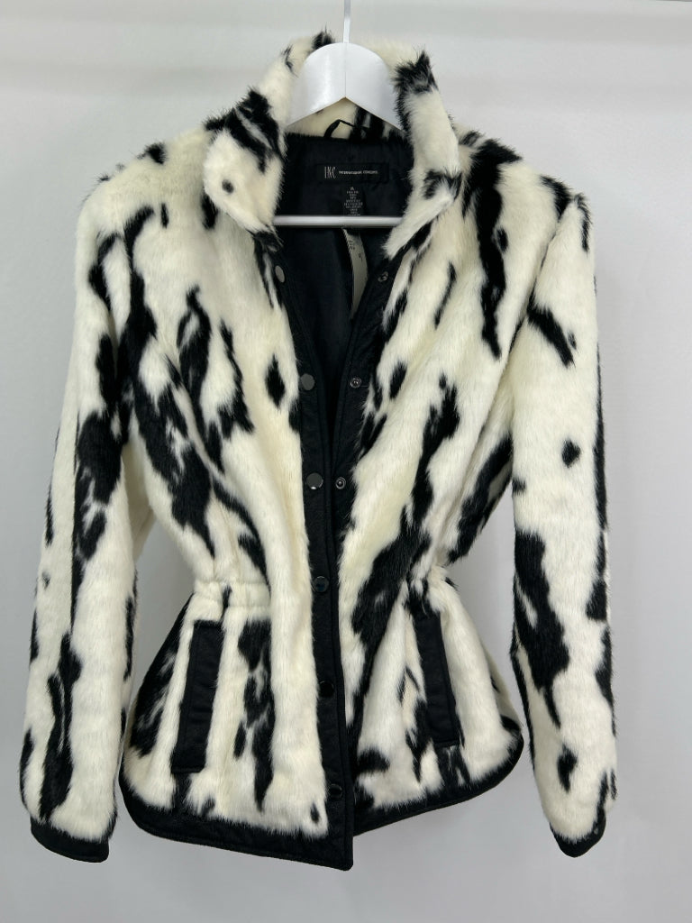 INC Women Size M Ivory and Black Faux Fur Jacket