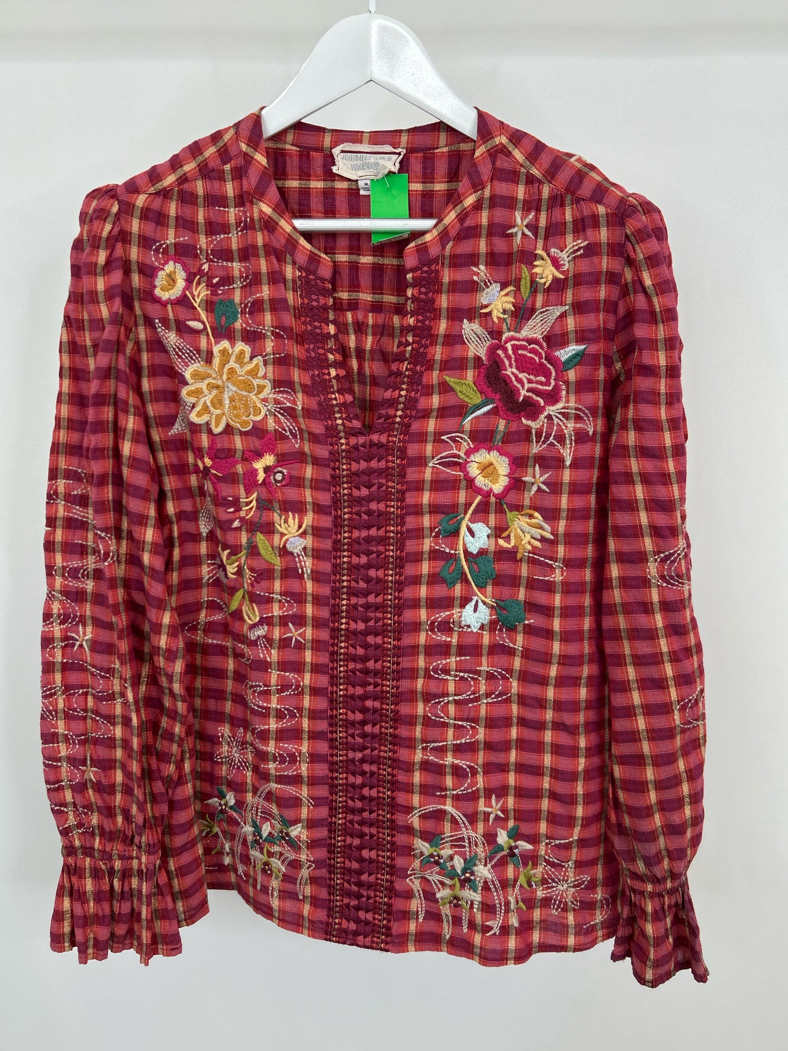 JOHNNY WAS Size M BURGUNDY PLAID Women Top