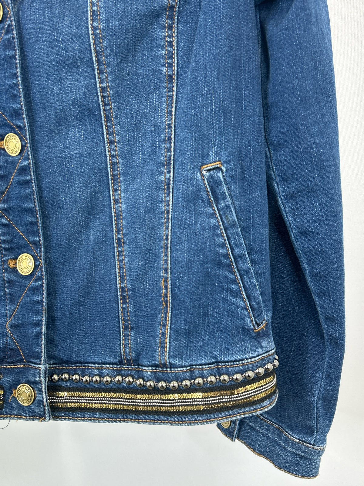 CHICO'S Size 6 BLUE DENIM Women Jacket