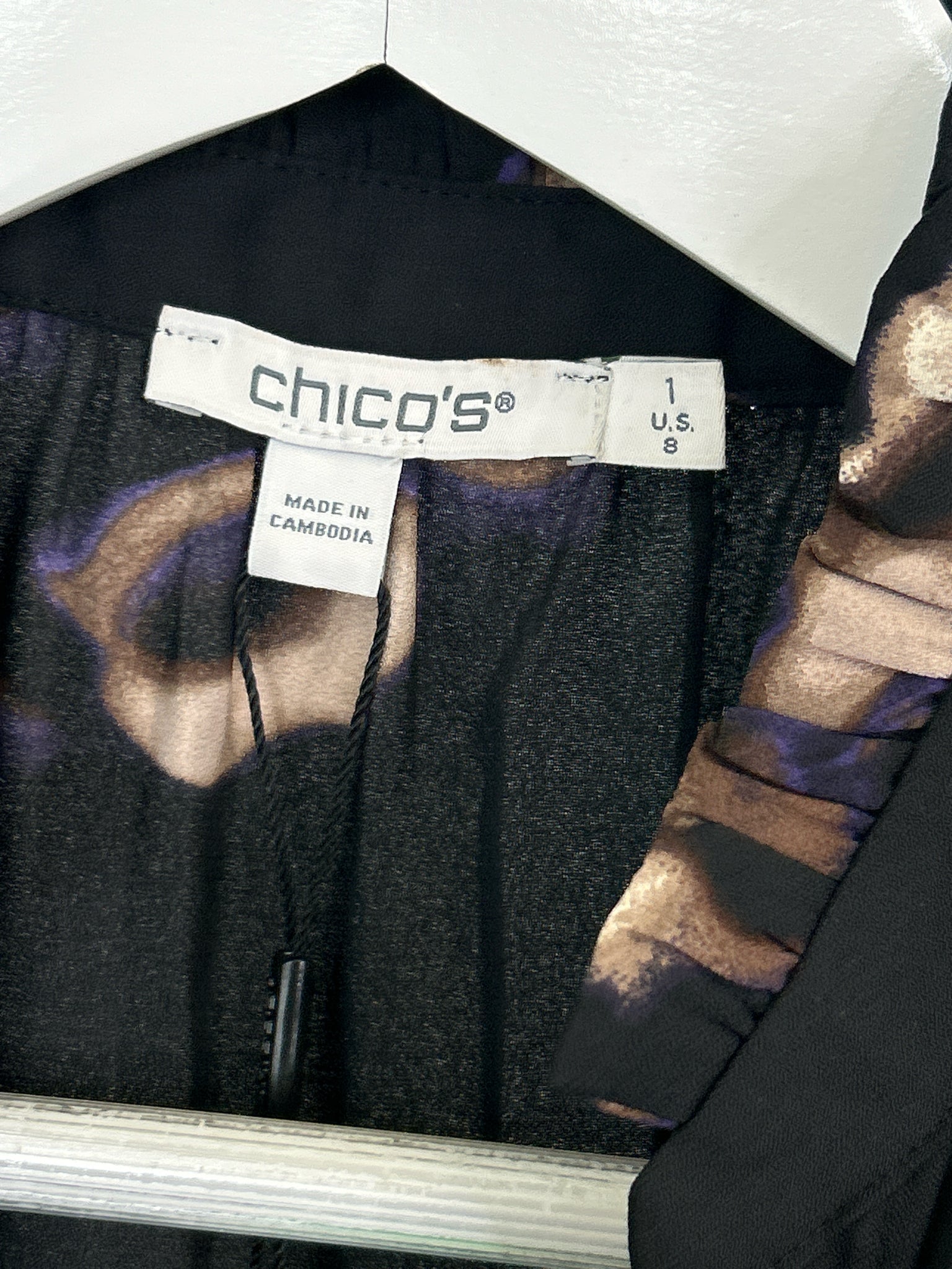 CHICO'S Size 8 Black Floral Women Blouse