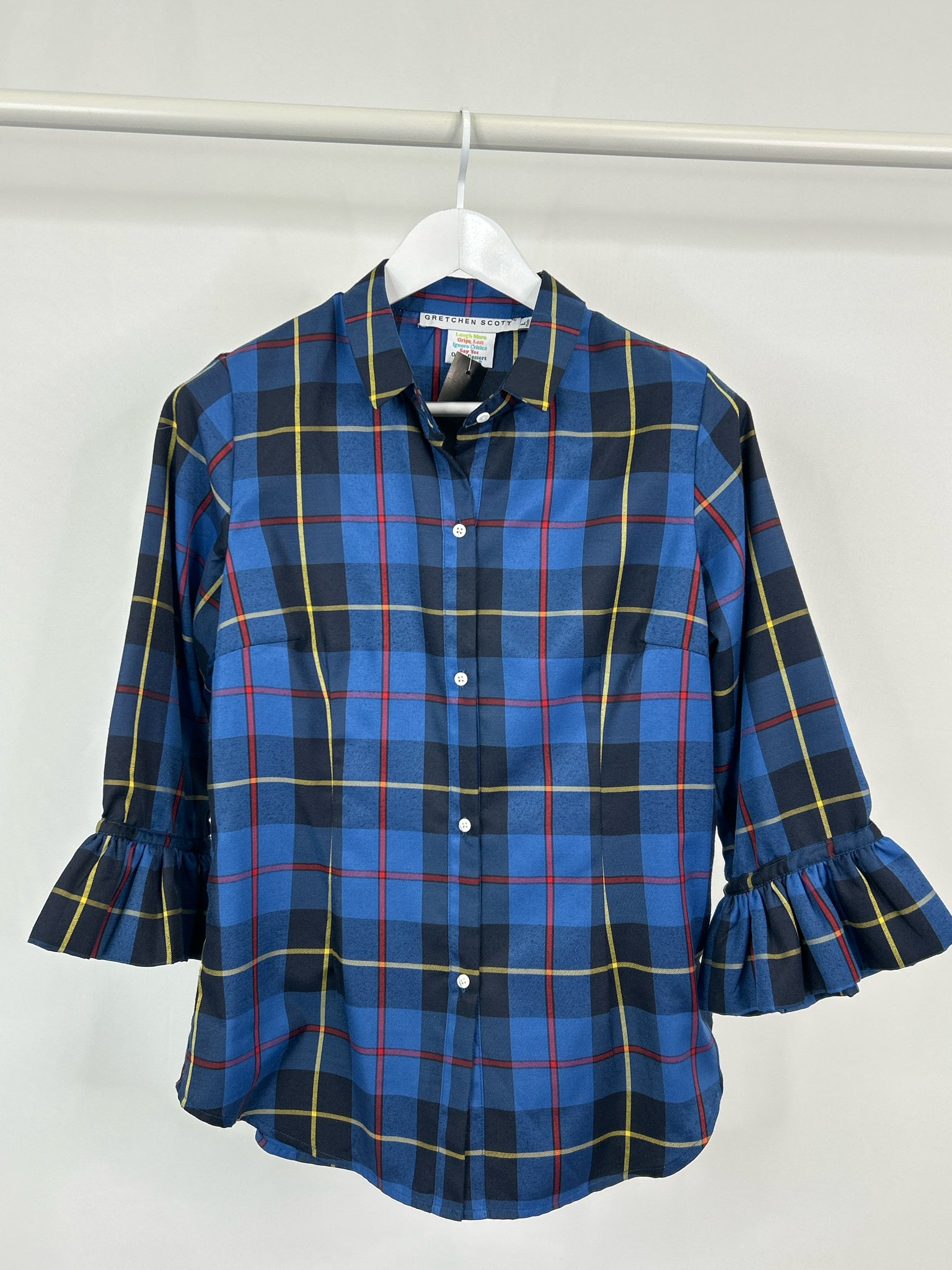 GRETCHEN SCOTT Size L Blue Plaid Women Blouse