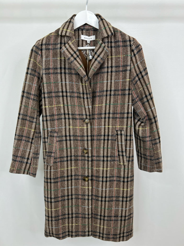 Moodie Women Size XS Brown Plaid Coat NWT