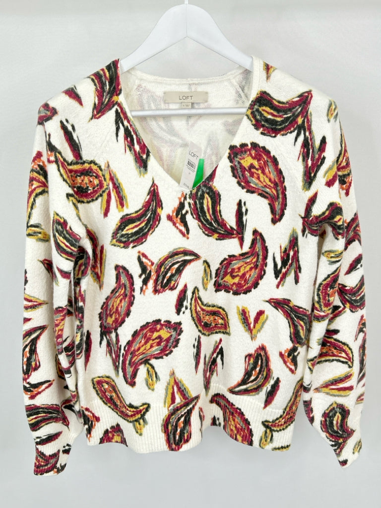 LOFT Women Size M White Print Sweater