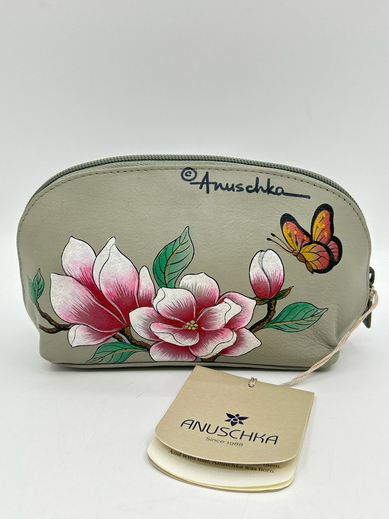 ANUSCHKA Gray Floral Cosmetic Case NWT