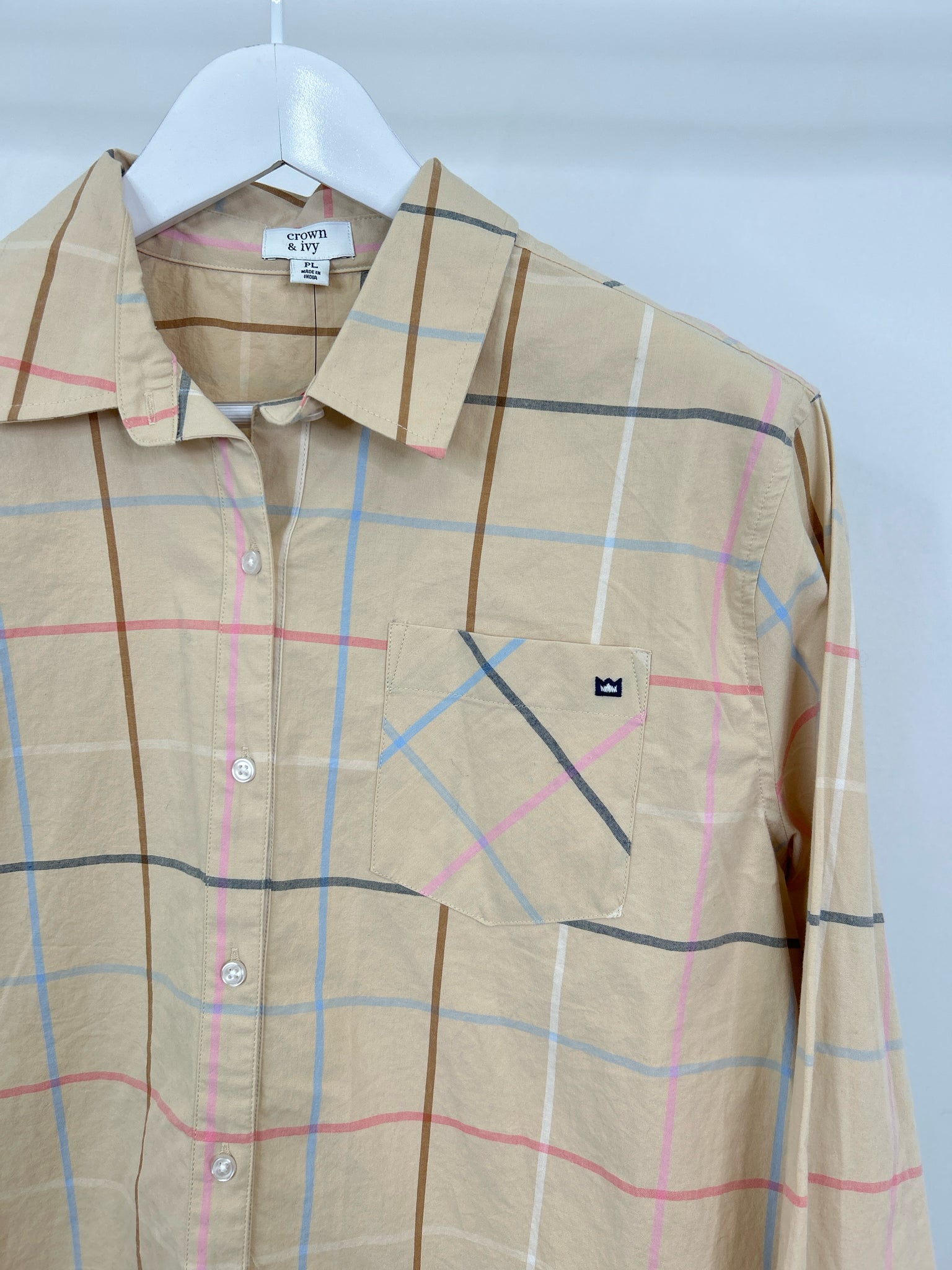 CROWN & IVY Size PL Tan Plaid Women Shirt NWT