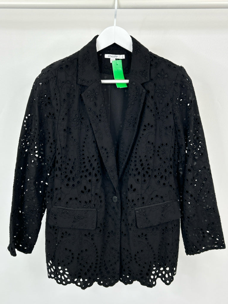 CHICO'S Size 2 / US Size 12 Black Eyelet Blazer