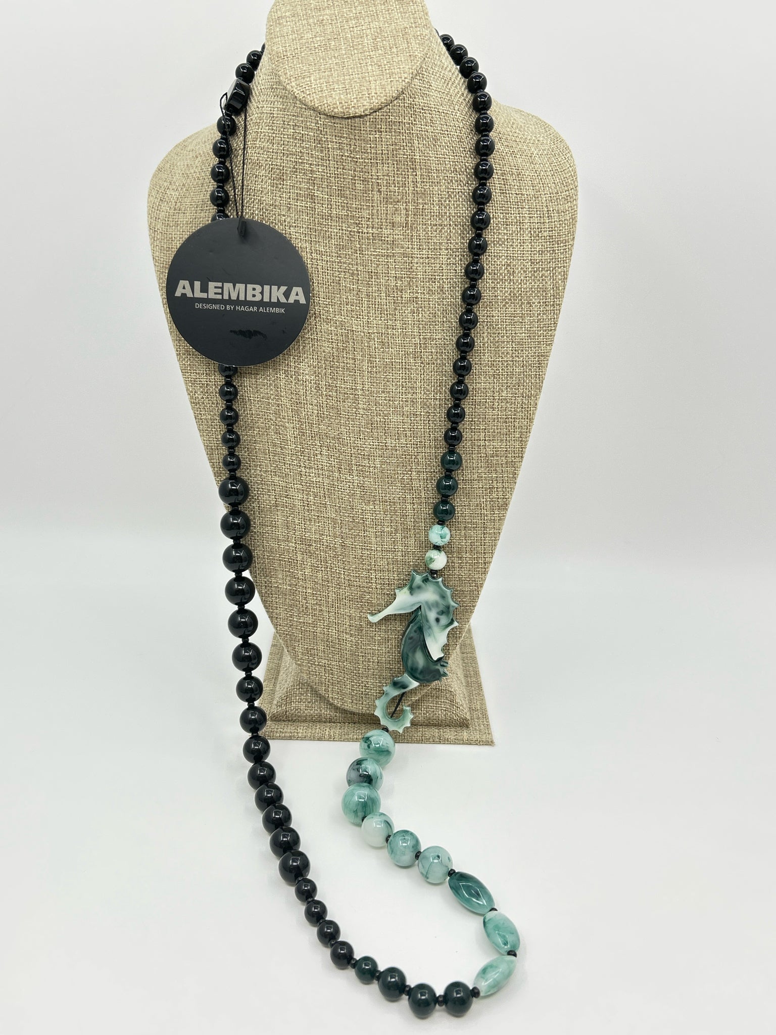 ALEMBIKA Resin Beaded Black and Jade Color Necklace NWT