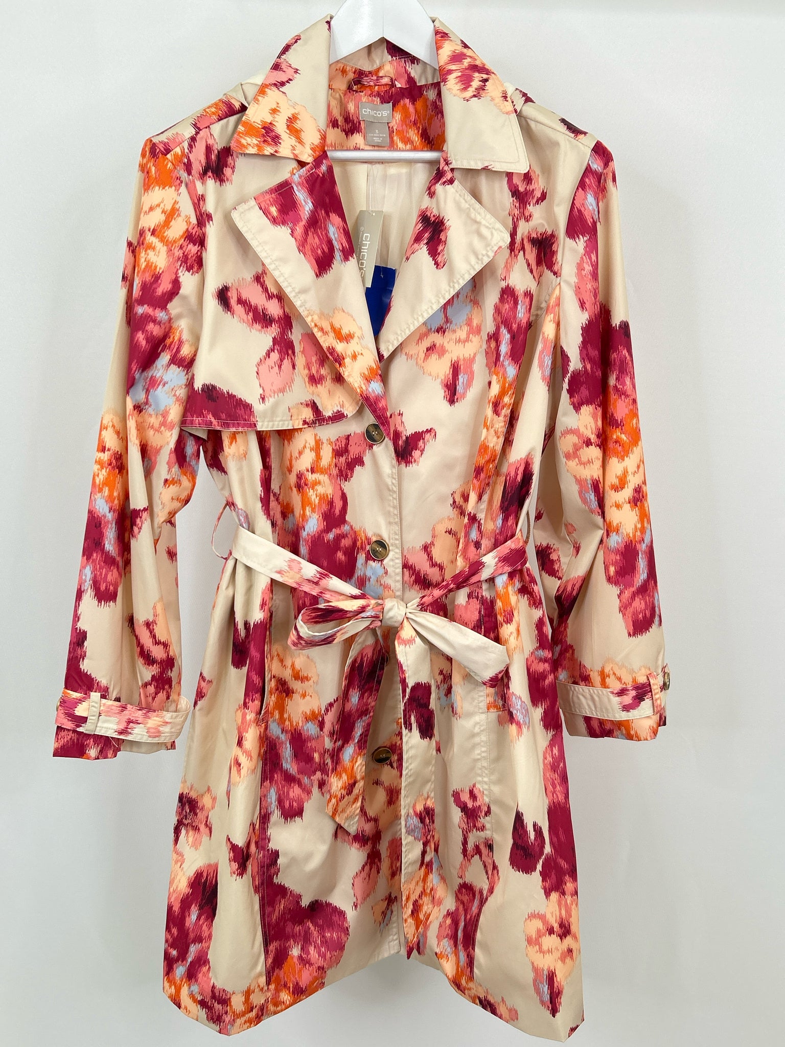 CHICO'S Size 16/18 Beige Print Women Trench Coat