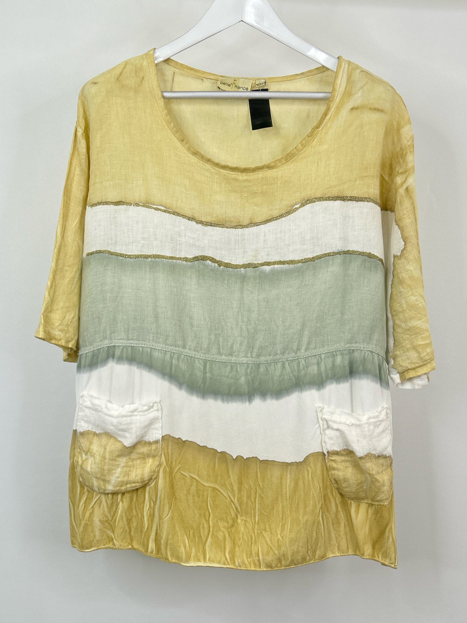 BELLE FRANCE Size L Gold striped Women Top