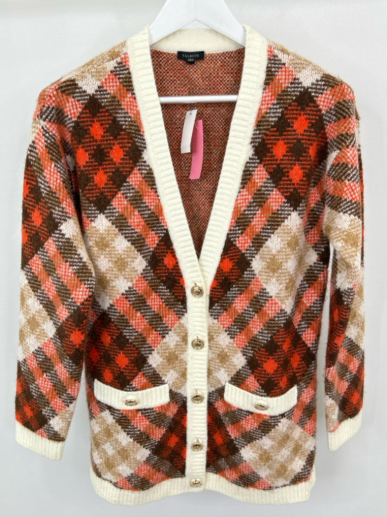 TALBOTS Women Size S Orange Plaid Cardigan Sweater NWT