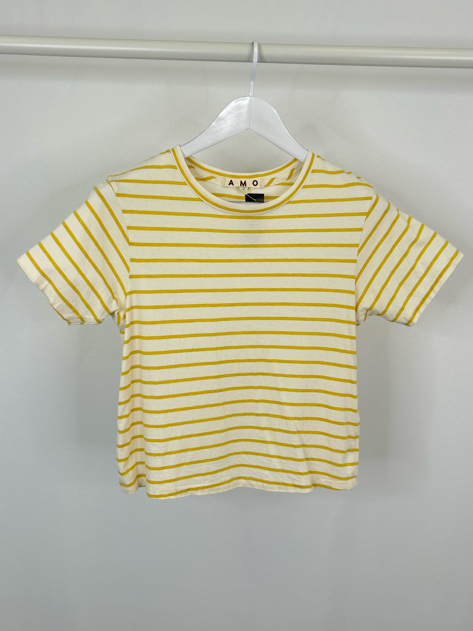 A M O Size S Yellow Striped Women T-shirt