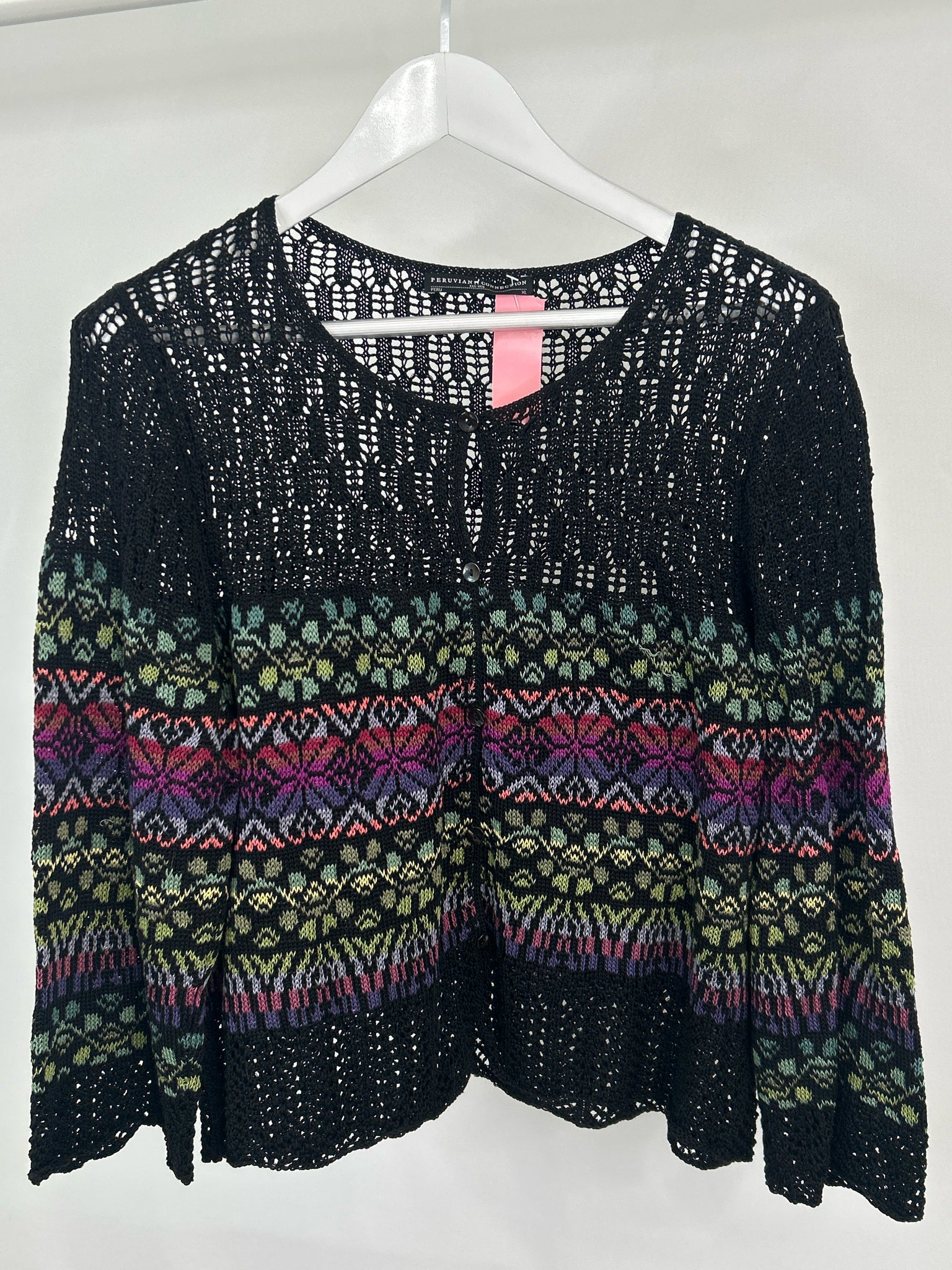 PERUVIAN CONNECTION Size XL Black Print Women Cardigan