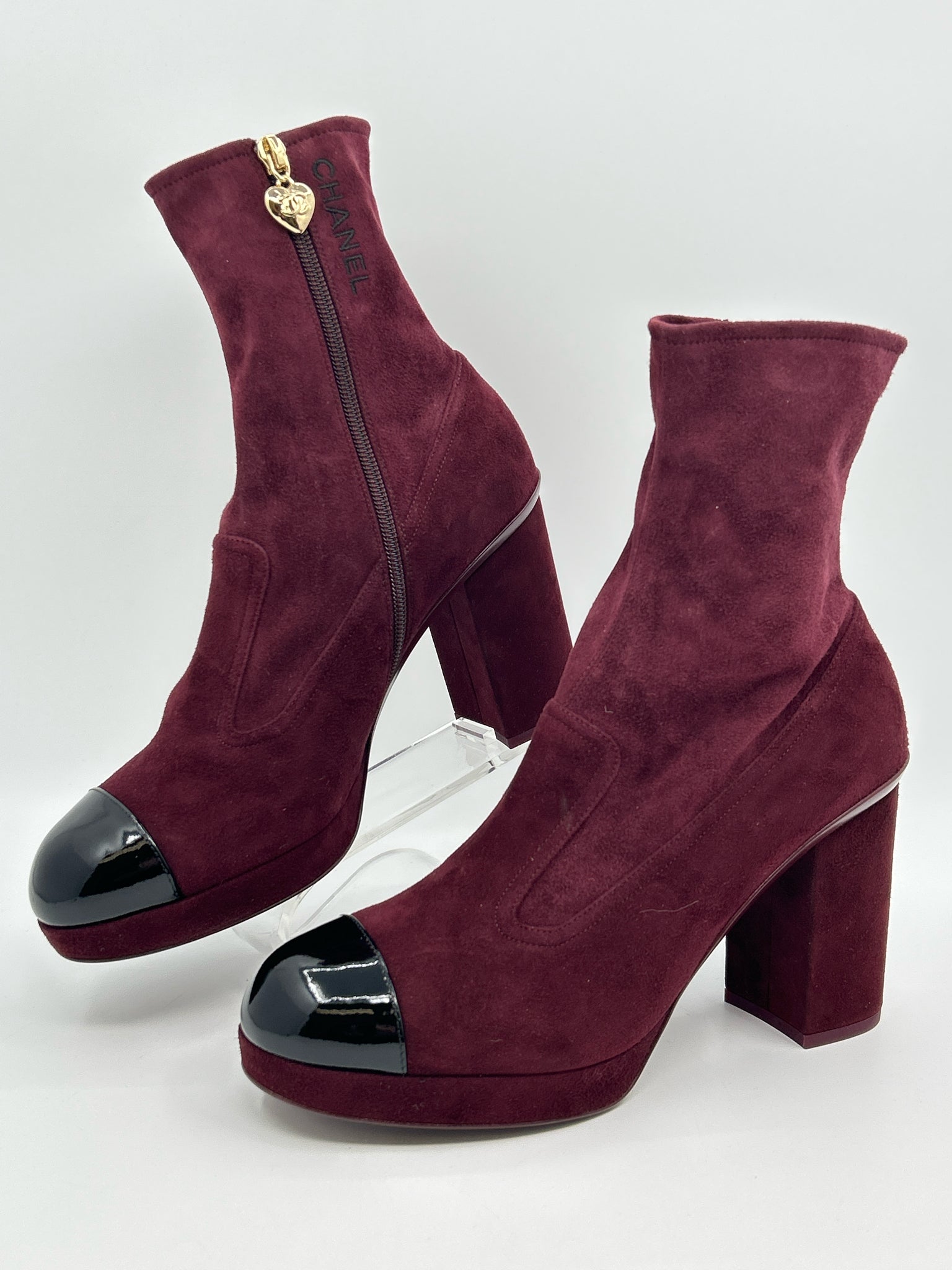 CHANEL Size 41.5/10.5 Burgundy and Black Women Booties