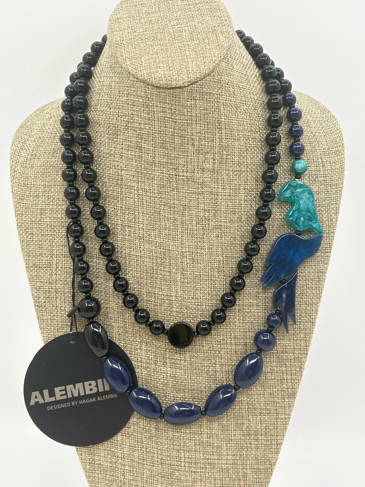 ALEMBIKA Resin Beaded Bird Blue Black Teal Necklace NWT