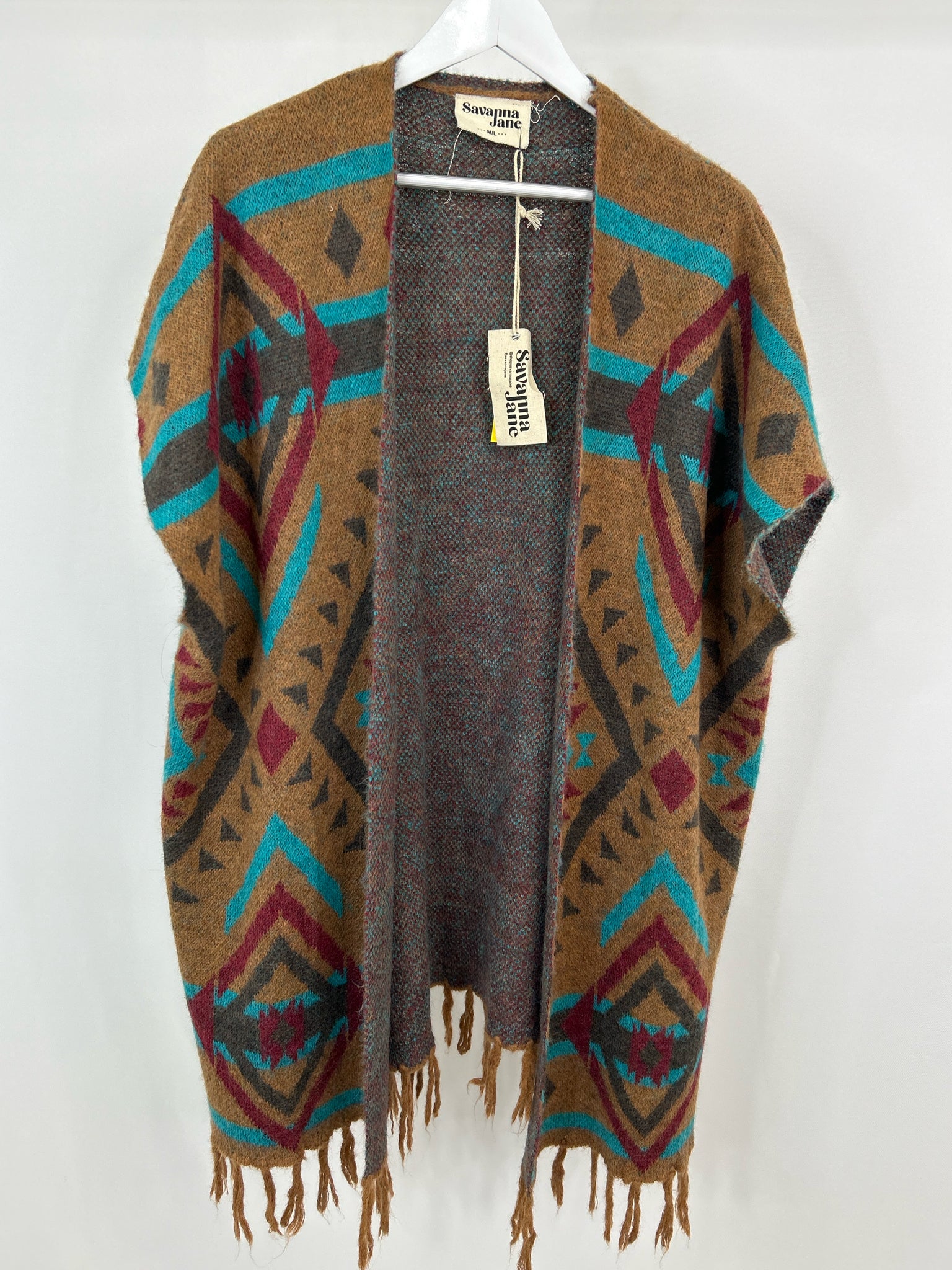 SAVANNA JANE Size M/L Tan and Teal Women Poncho NWT