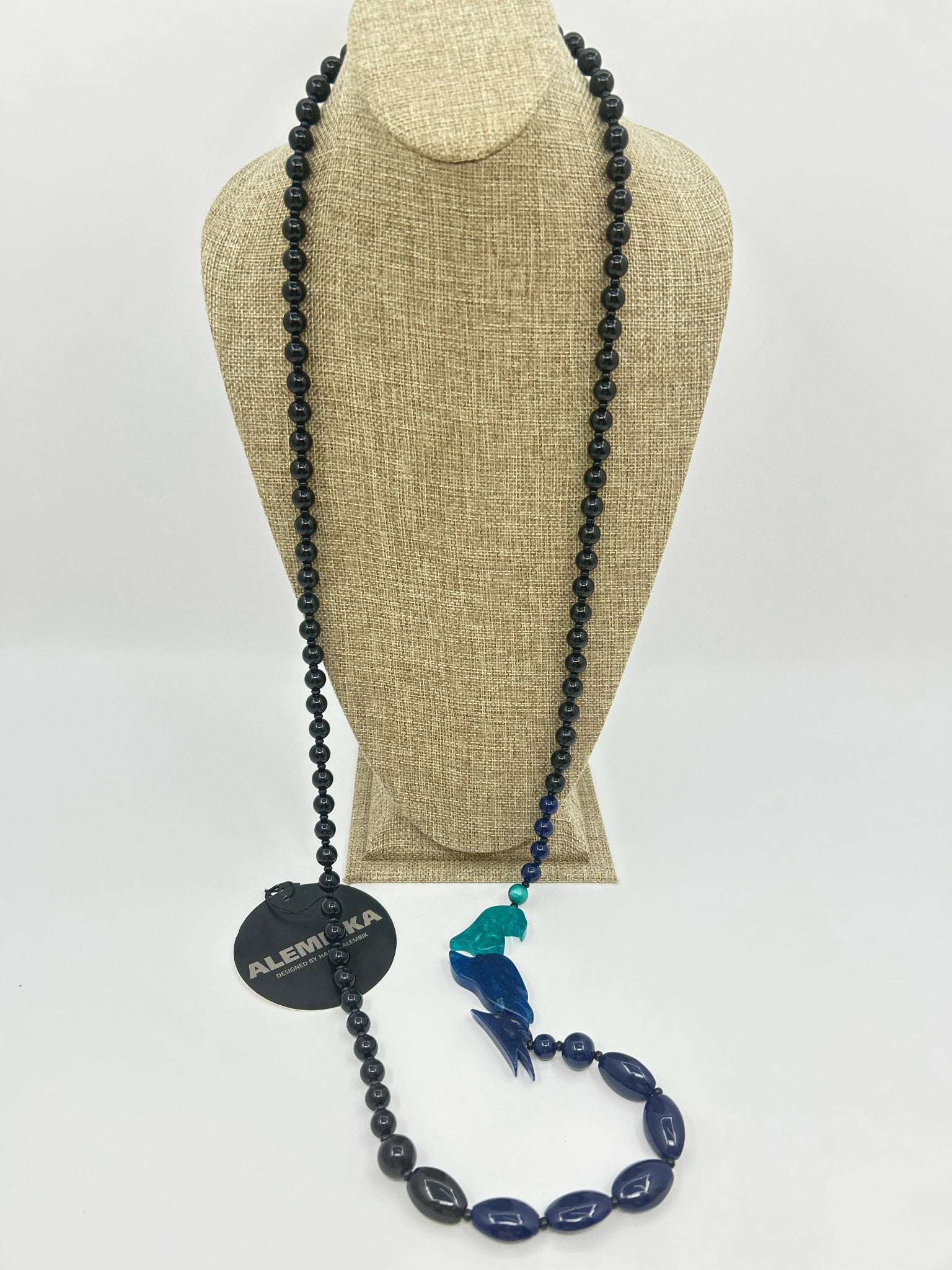 ALEMBIKA Resin Beaded Bird Blue Black Teal Necklace NWT