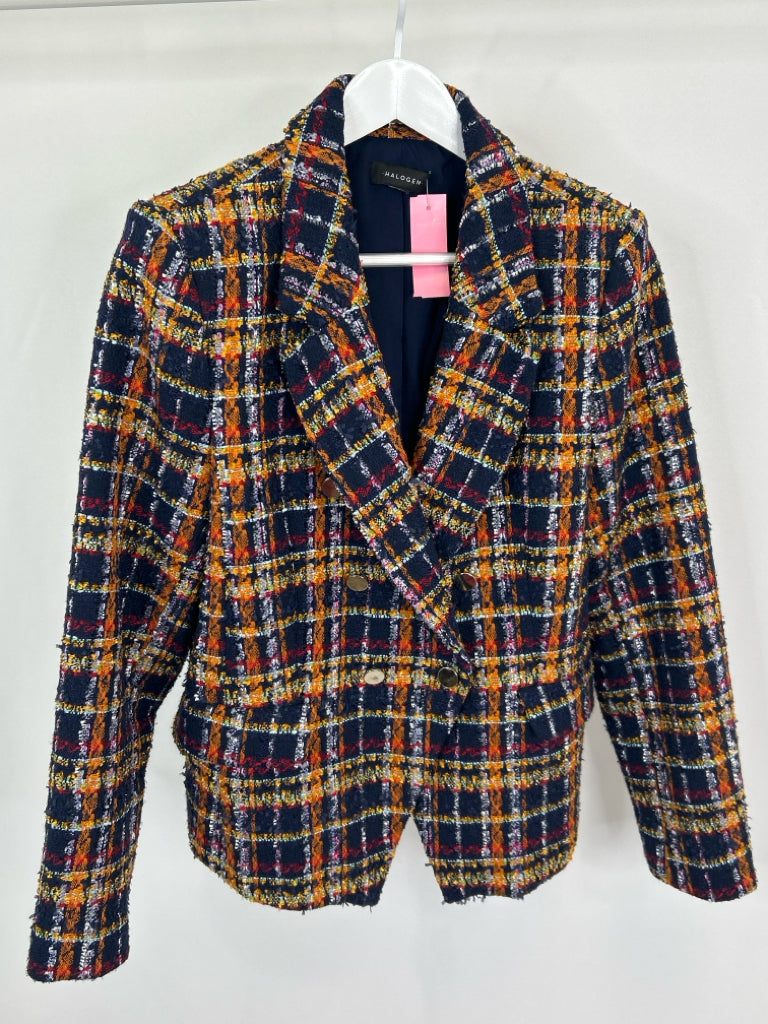 HALOGEN Women Size L/XL Navy plaid Blazer