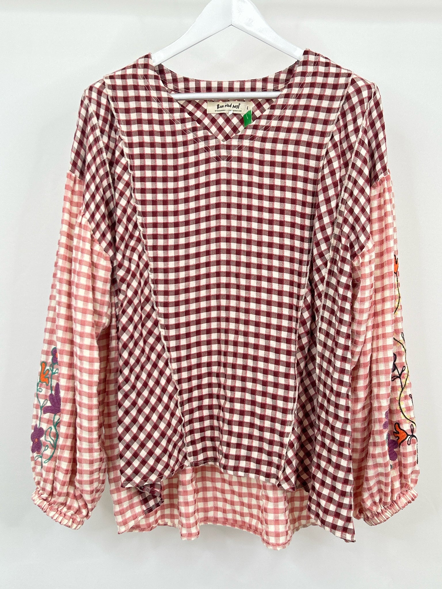 THREE BIRD NEST Size L BURGUNDY PLAID Women Top