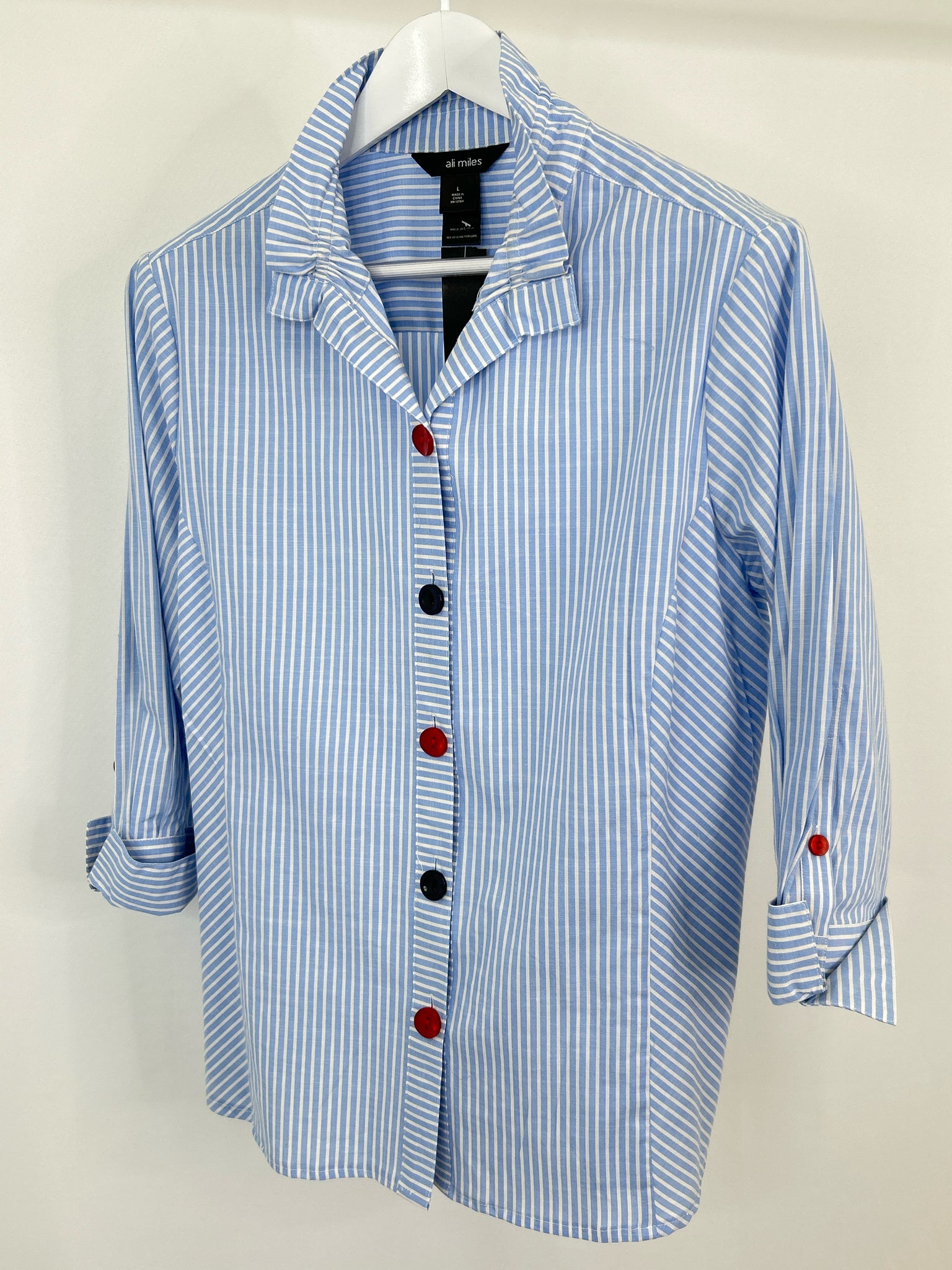 Ali Miles Size L Blue Striped Women Shirt