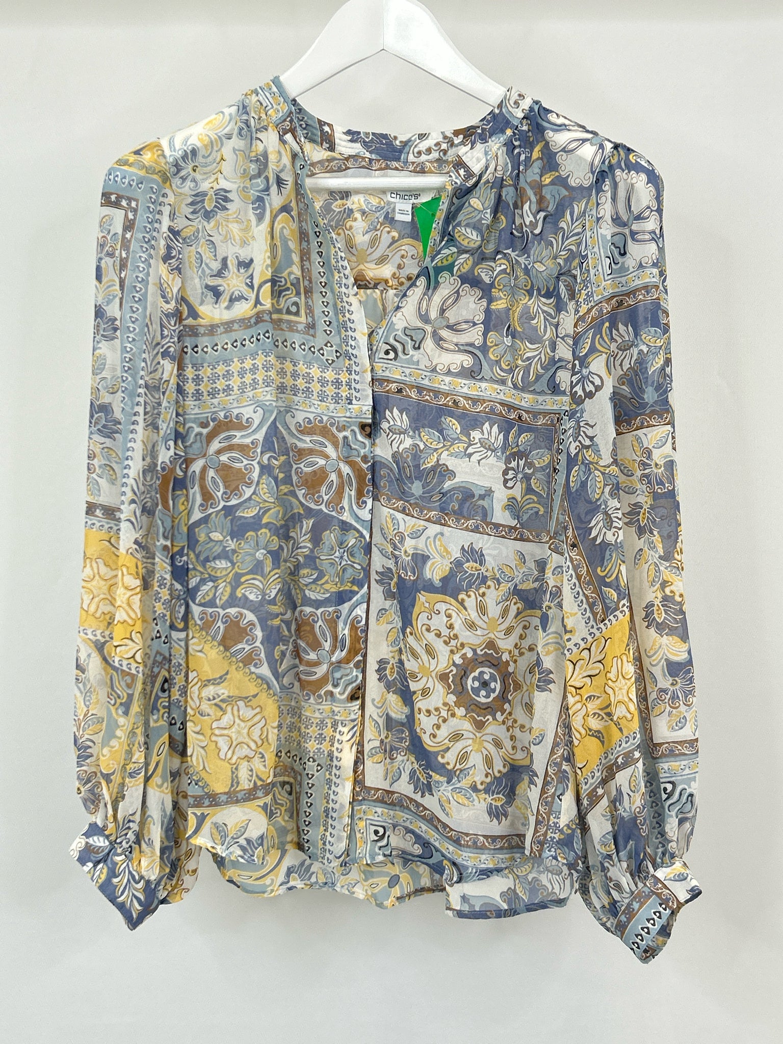 CHICO'S Size 8 BLUE AND YELLOW Women Blouse