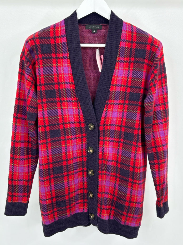 ANN TAYLOR Women Size S Red Plaid Cardigan Sweater NWT