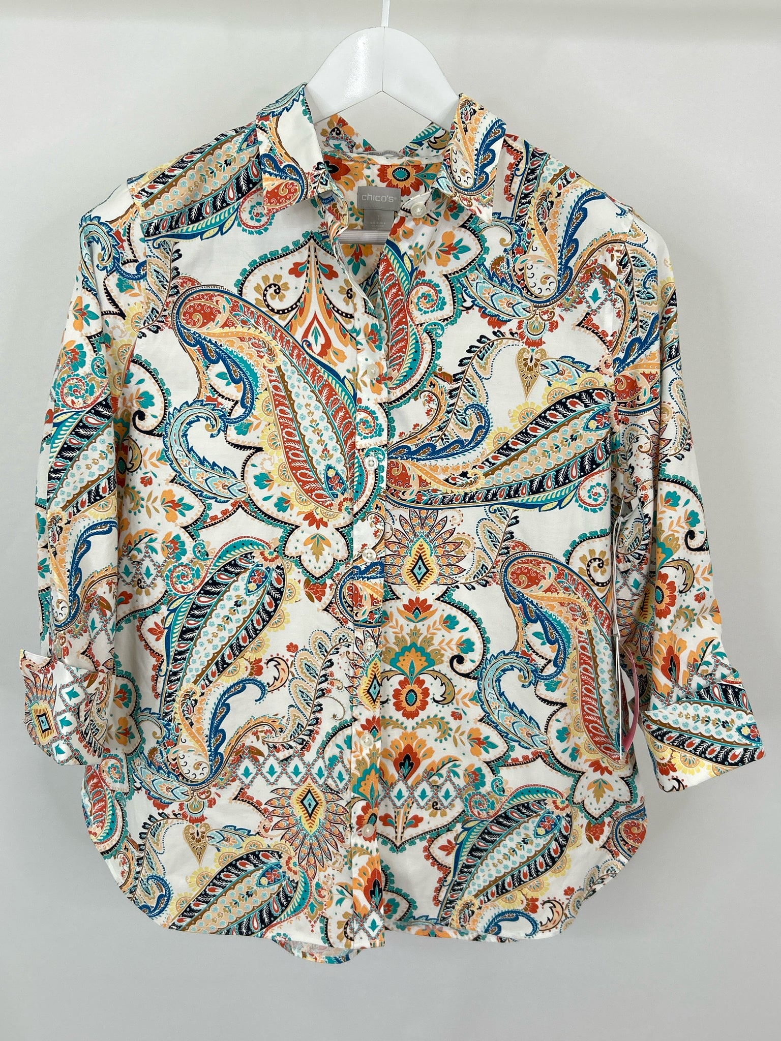 CHICO'S Size 8 Orange Print Women Shirt NWT