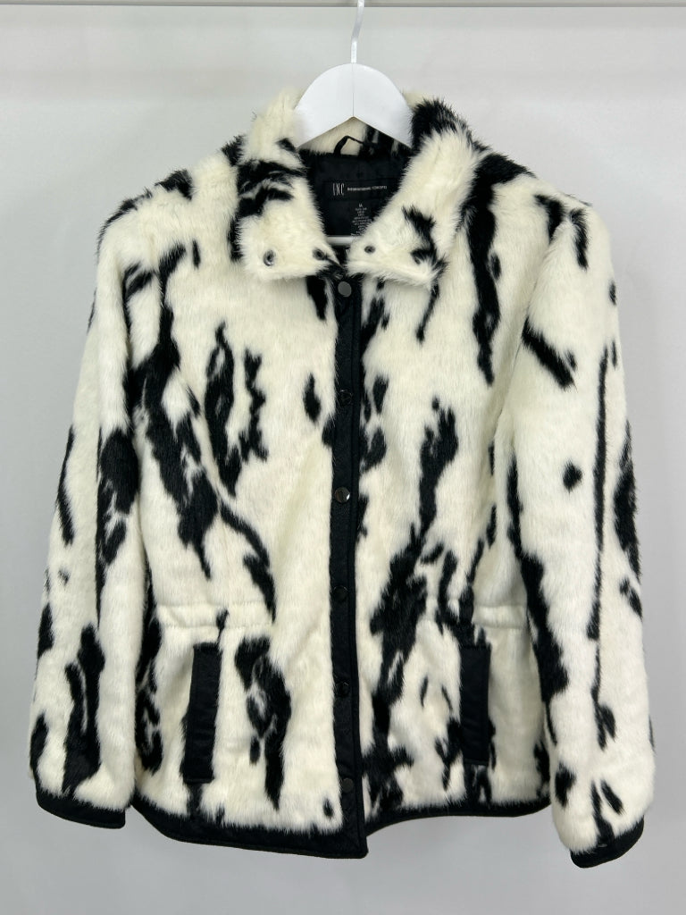 INC Women Size M Ivory and Black Faux Fur Jacket